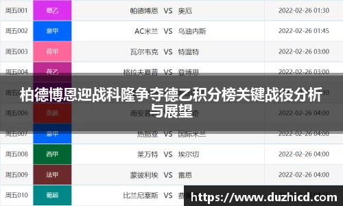柏德博恩迎战科隆争夺德乙积分榜关键战役分析与展望